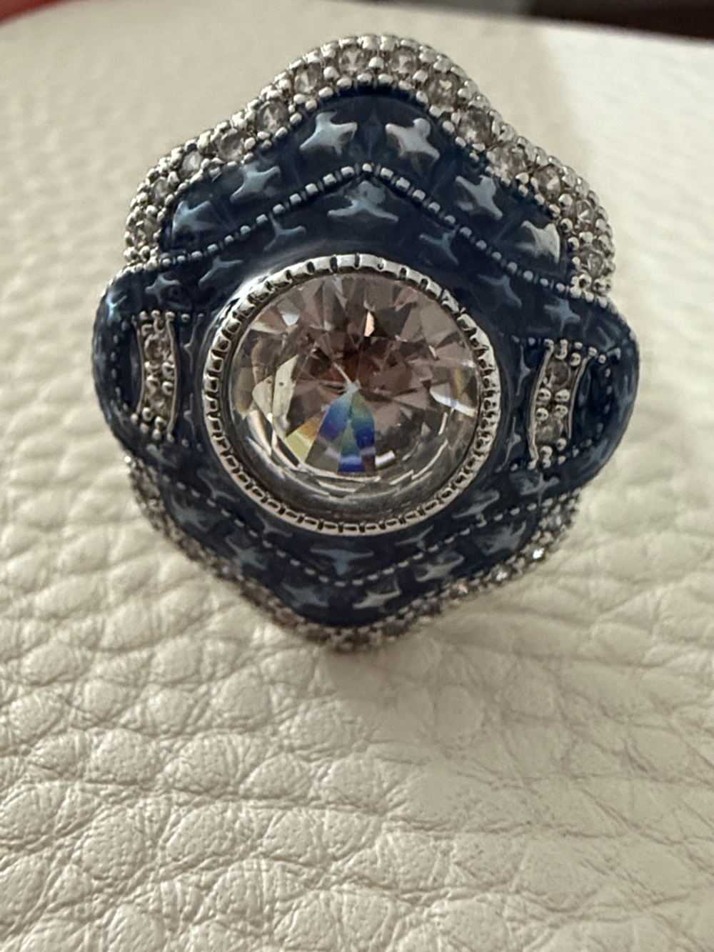 White Gold-Filled Blue Enamel Cocktail Ring with Clear Center Stone -size 8.25